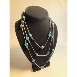 Multi Strand Beaded Necklace Blue Teal Layered Silver Tone Chain 32 Inch